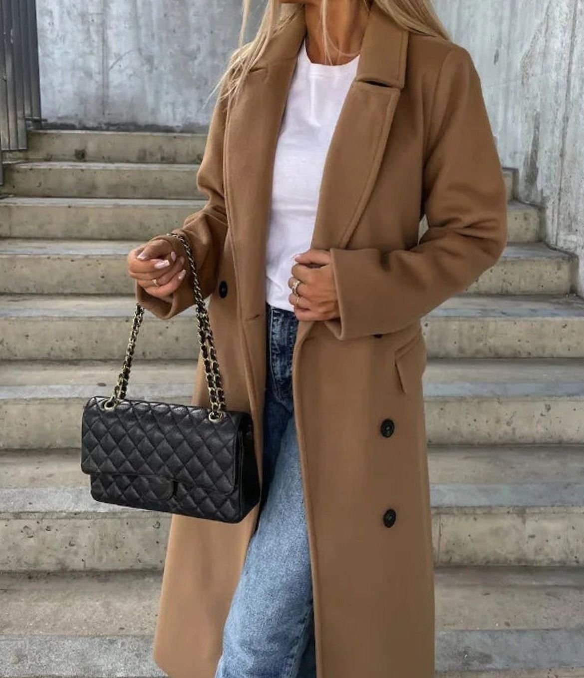 Genevieve | Women’s Double-Breasted Notched Lapel Long Coat