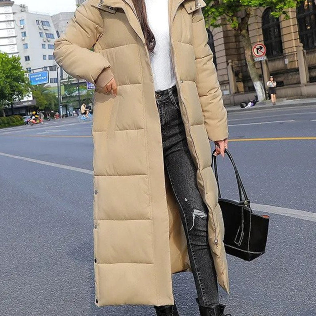 Sloane | Women’s Side-Vent Snap-Hem Hooded Maxi Puffer Coat