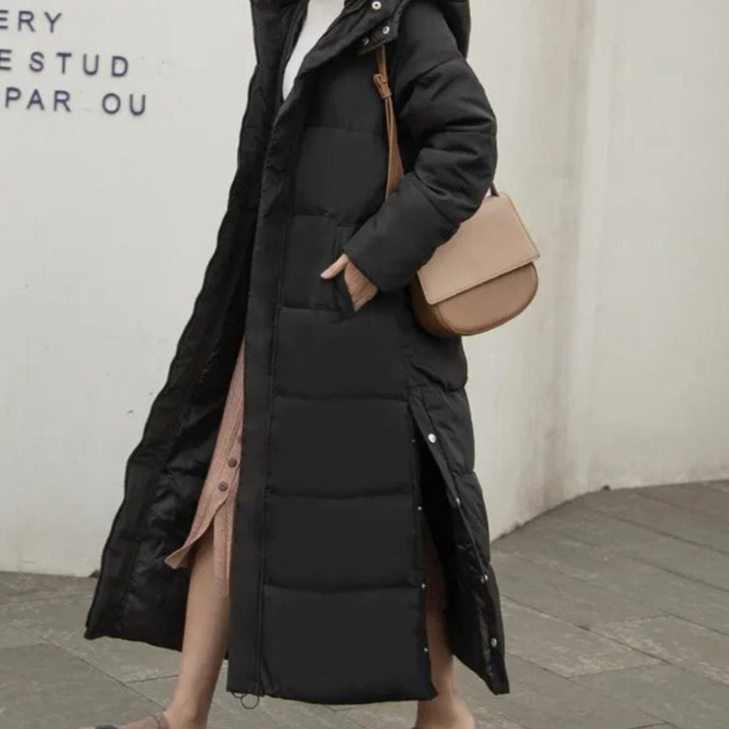 Sloane | Women’s Side-Vent Snap-Hem Hooded Maxi Puffer Coat