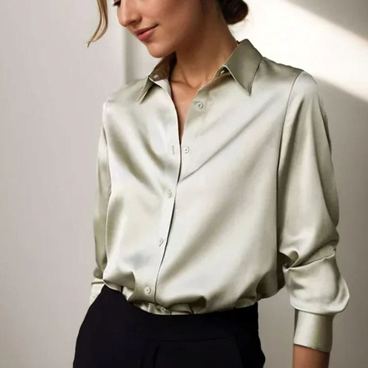 Giselle | Women’s Glossy Satin Point-Collar Long-Sleeve Shirt