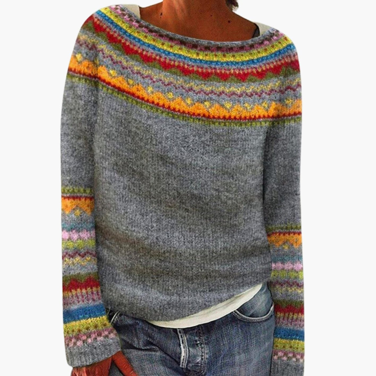 Ingrid | Women’s Boat-Neck Fair-Isle Patterned Yoke Knit Sweater