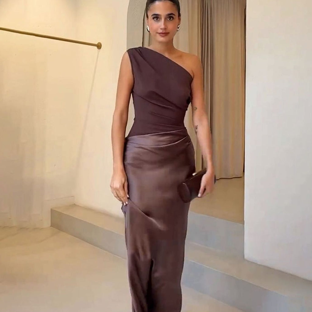 Vivienne | Women’s One-Shoulder Pleated Satin Draped Maxi Dress