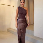 Vivienne | Women’s One-Shoulder Pleated Satin Draped Maxi Dress