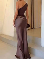 Vivienne | Women’s One-Shoulder Pleated Satin Draped Maxi Dress