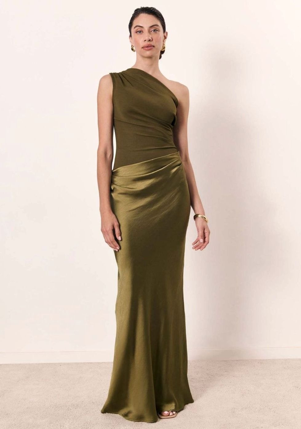 Vivienne | Women’s One-Shoulder Pleated Satin Draped Maxi Dress