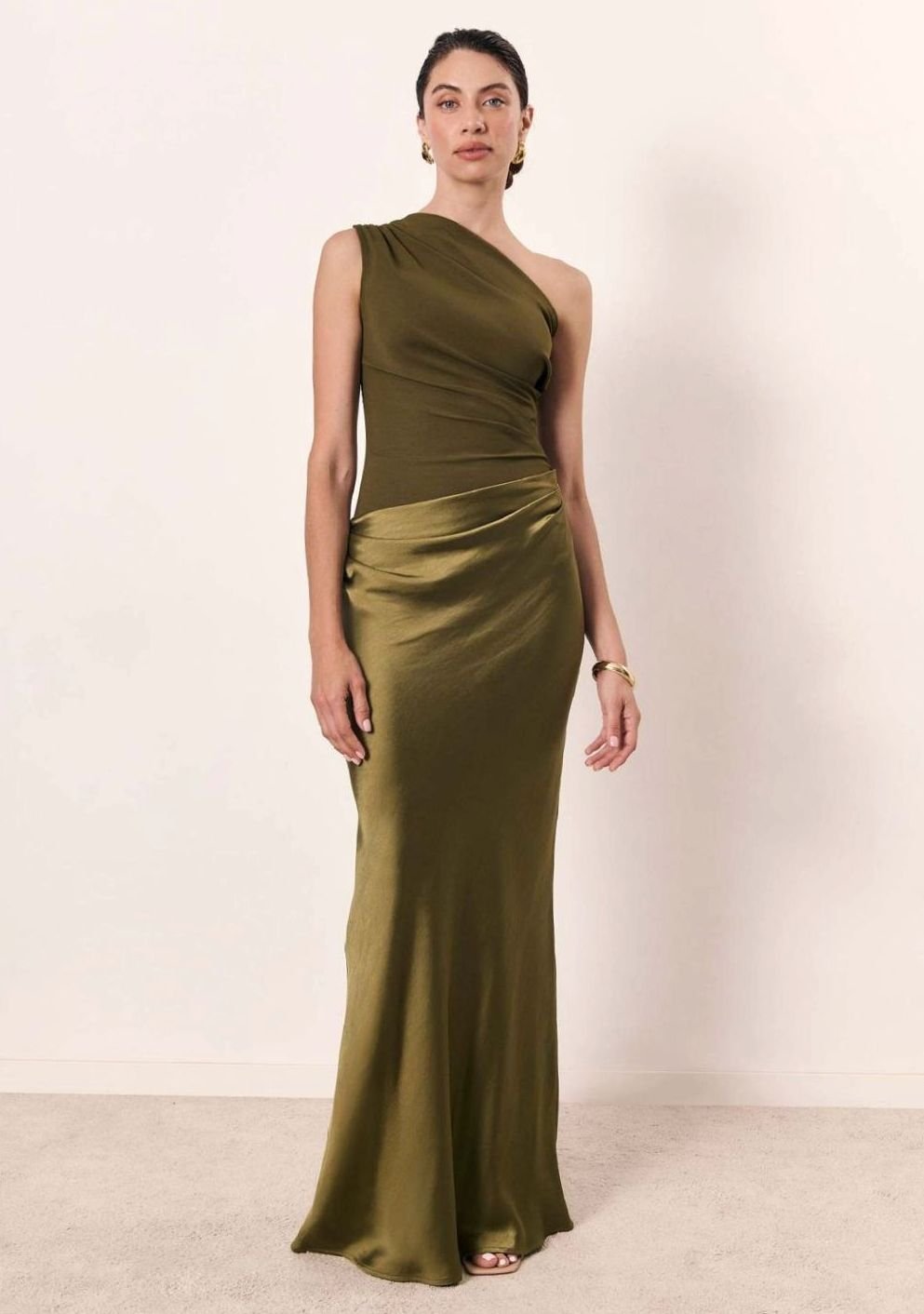 Vivienne | Women’s One-Shoulder Pleated Satin Draped Maxi Dress