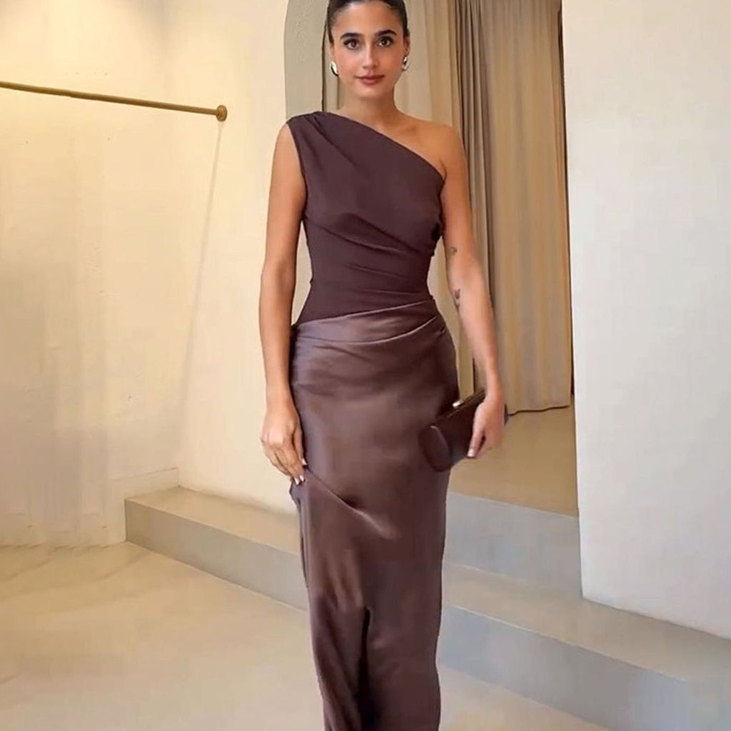 Vivienne | Women’s One-Shoulder Pleated Satin Draped Maxi Dress