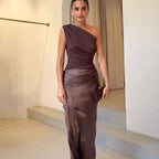 Vivienne | Women’s One-Shoulder Pleated Satin Draped Maxi Dress