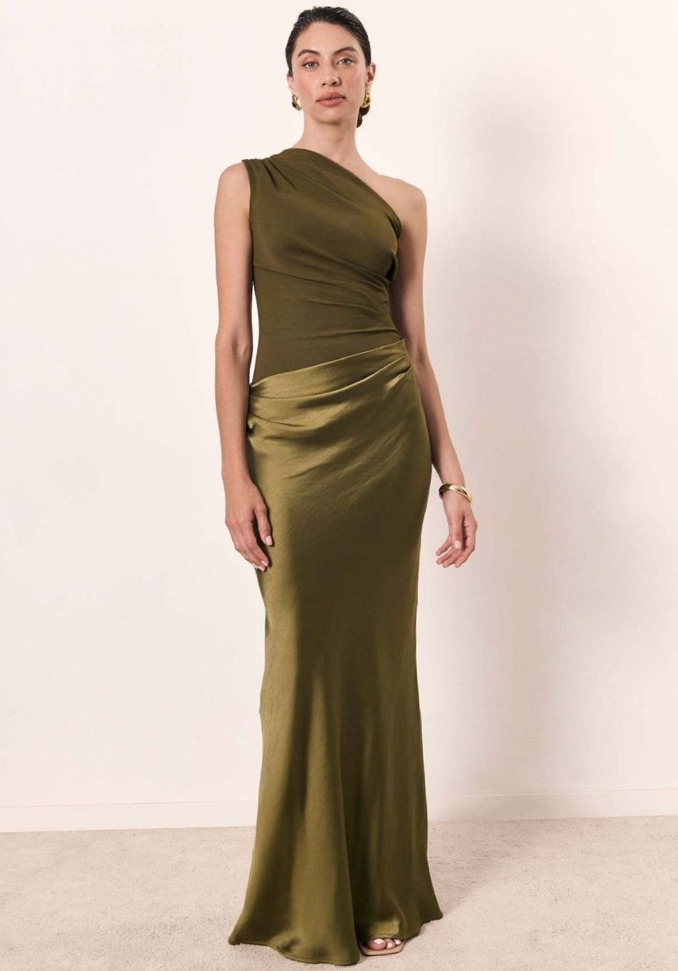 Vivienne | Women’s One-Shoulder Pleated Satin Draped Maxi Dress