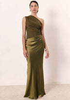 Vivienne | Women’s One-Shoulder Pleated Satin Draped Maxi Dress