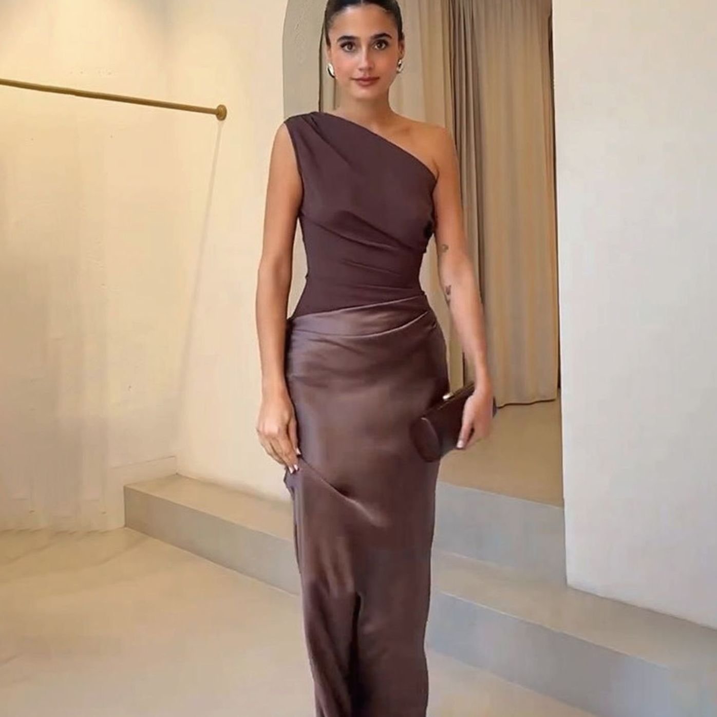 Vivienne | Women’s One-Shoulder Pleated Satin Draped Maxi Dress