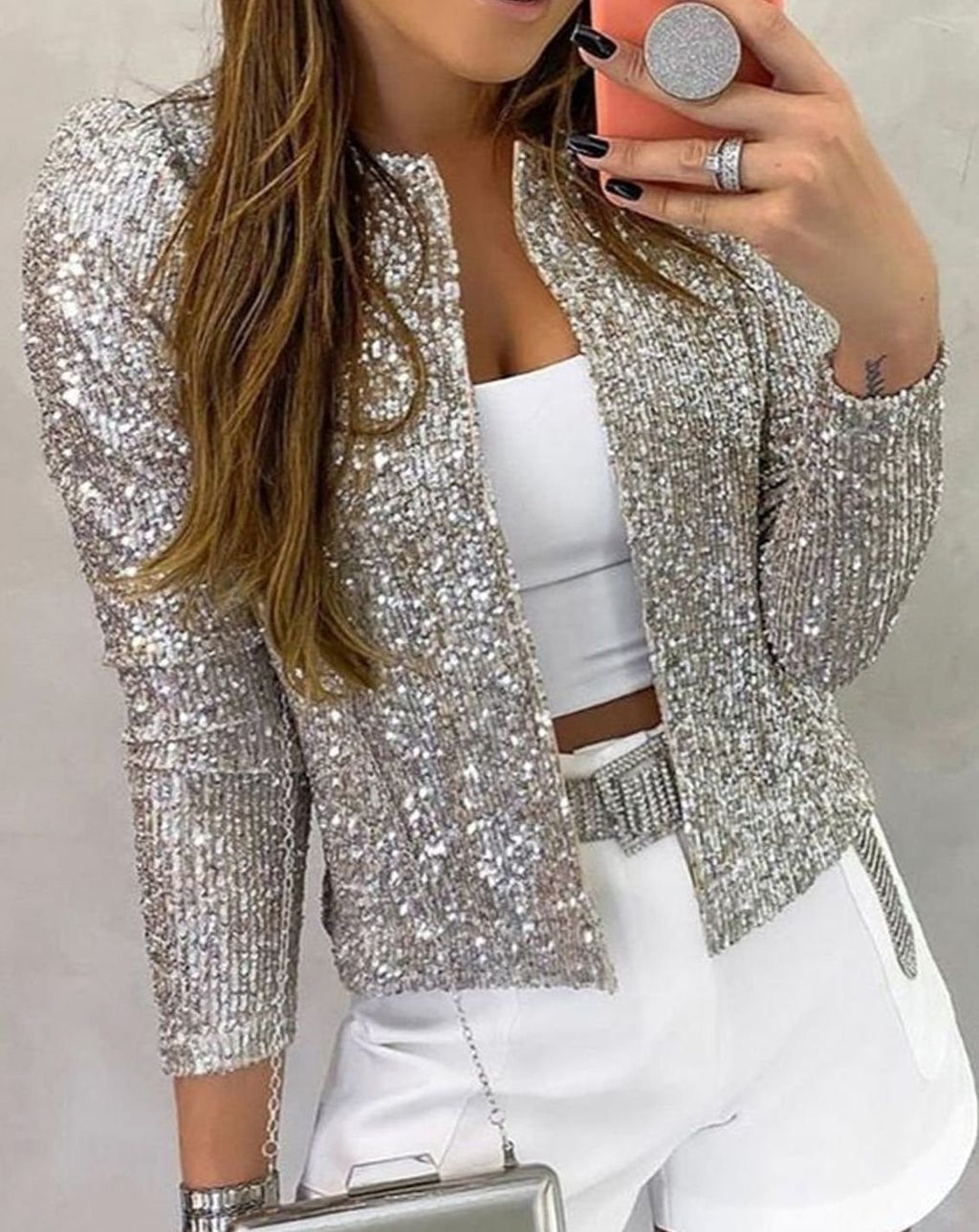 Lucia | Women’s Open-Front Sequin Collarless Cropped Party Blazer