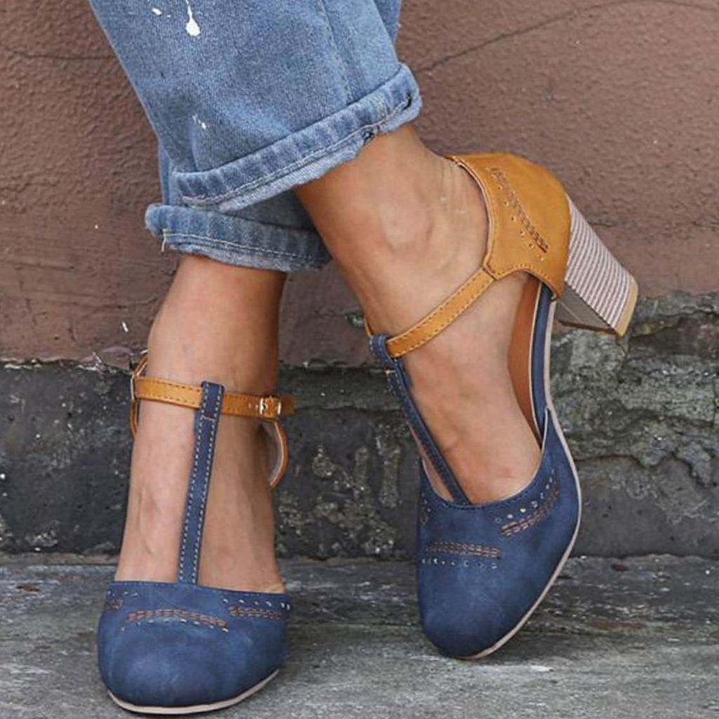 Isla | Women’s Two-Tone T-Strap Stacked Block Heel Pumps