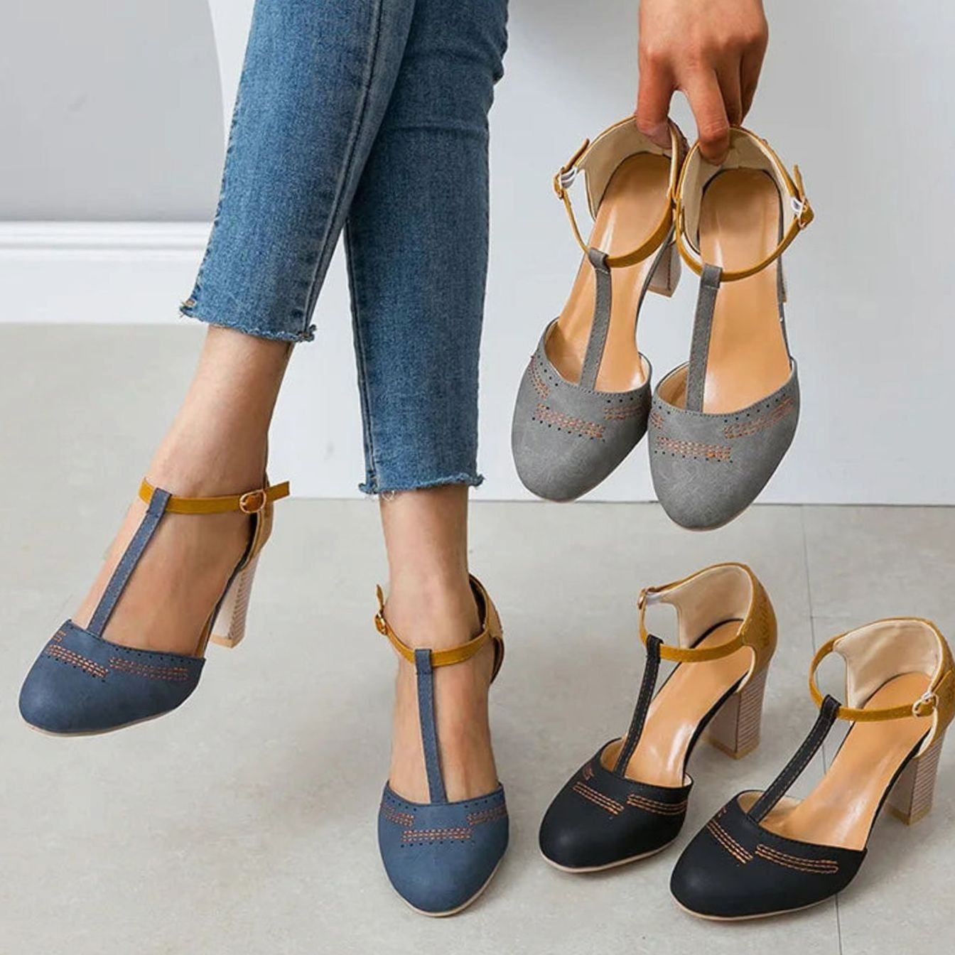 Isla | Women’s Two-Tone T-Strap Stacked Block Heel Pumps