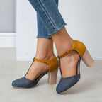 Isla | Women’s Two-Tone T-Strap Stacked Block Heel Pumps