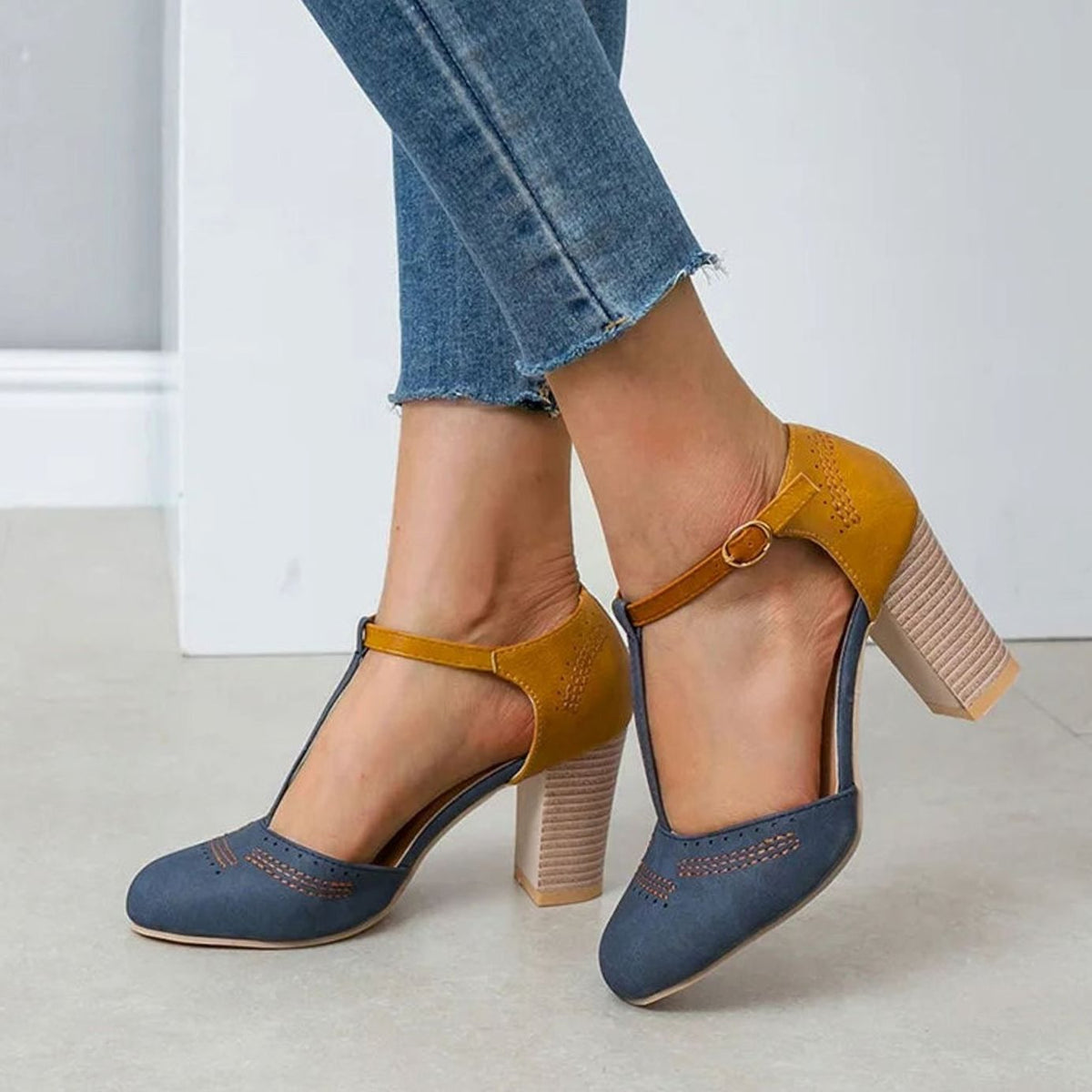 Isla | Women’s Two-Tone T-Strap Stacked Block Heel Pumps