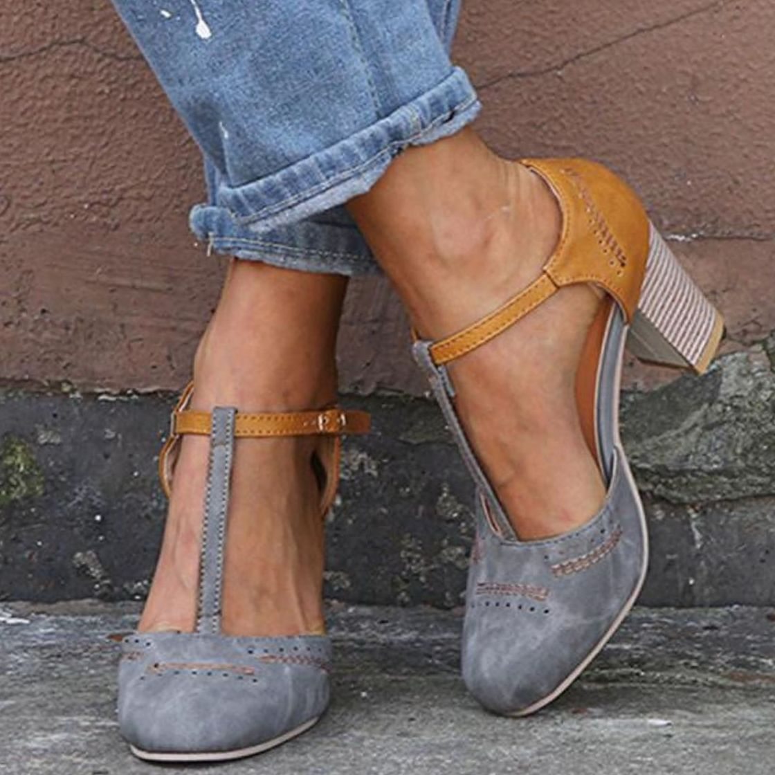 Isla | Women’s Two-Tone T-Strap Stacked Block Heel Pumps