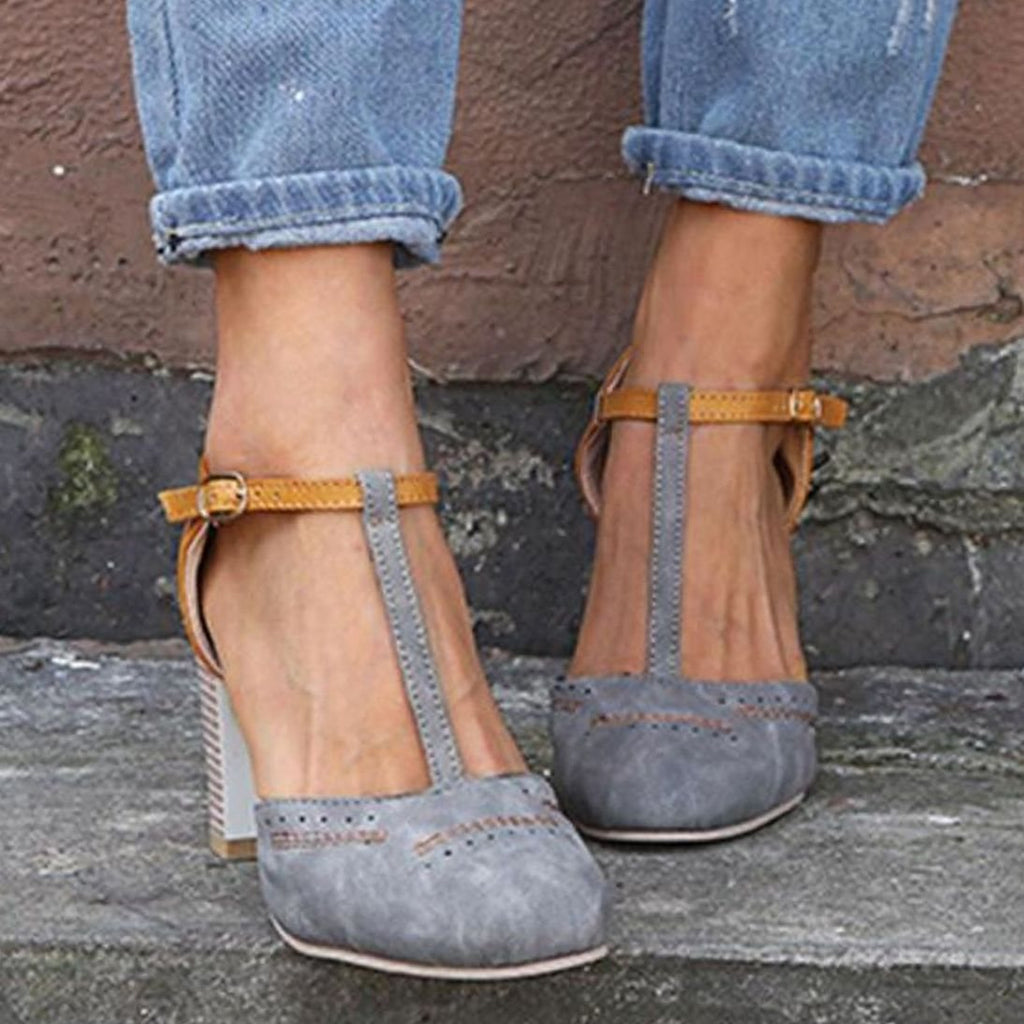 Isla | Women’s Two-Tone T-Strap Stacked Block Heel Pumps