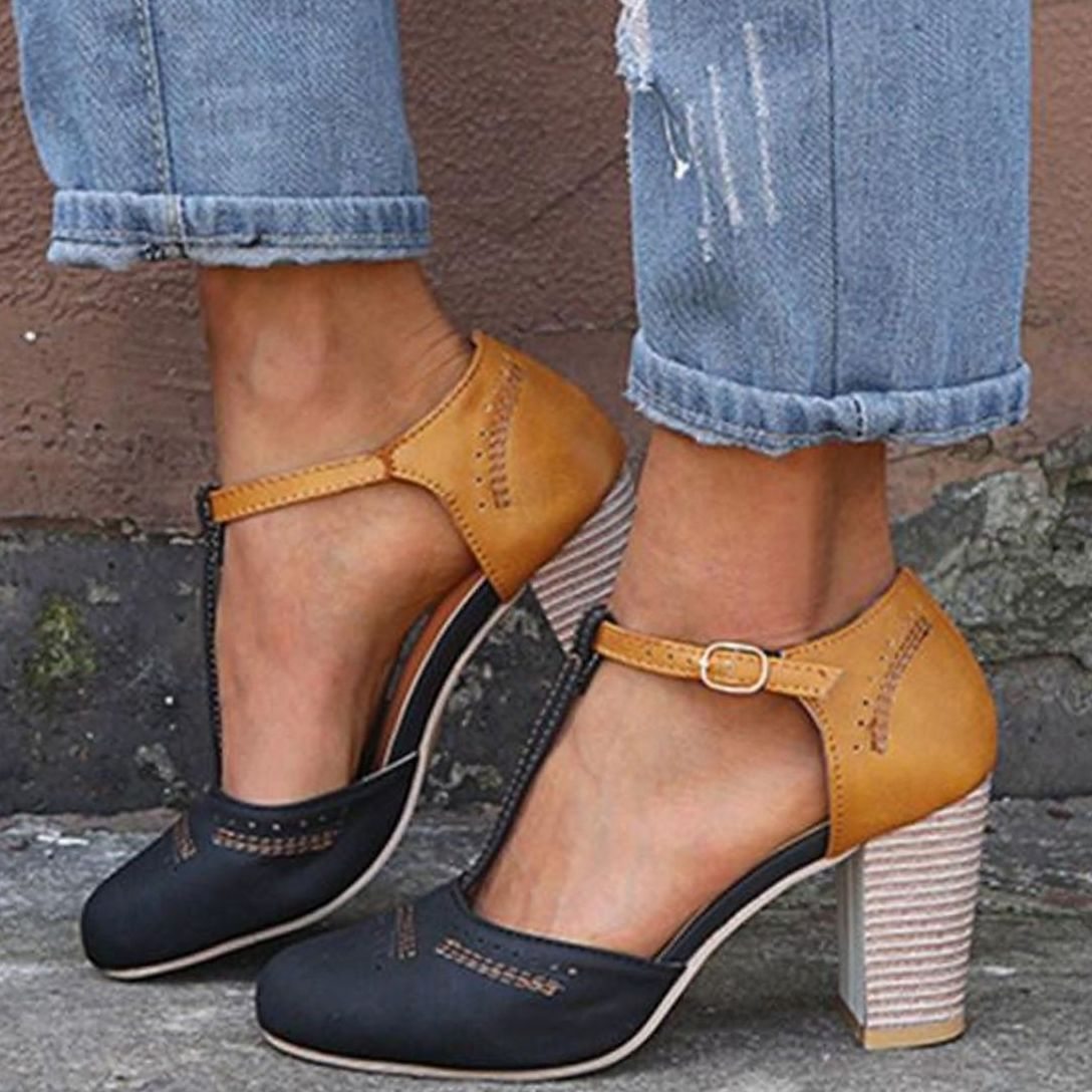 Isla | Women’s Two-Tone T-Strap Stacked Block Heel Pumps