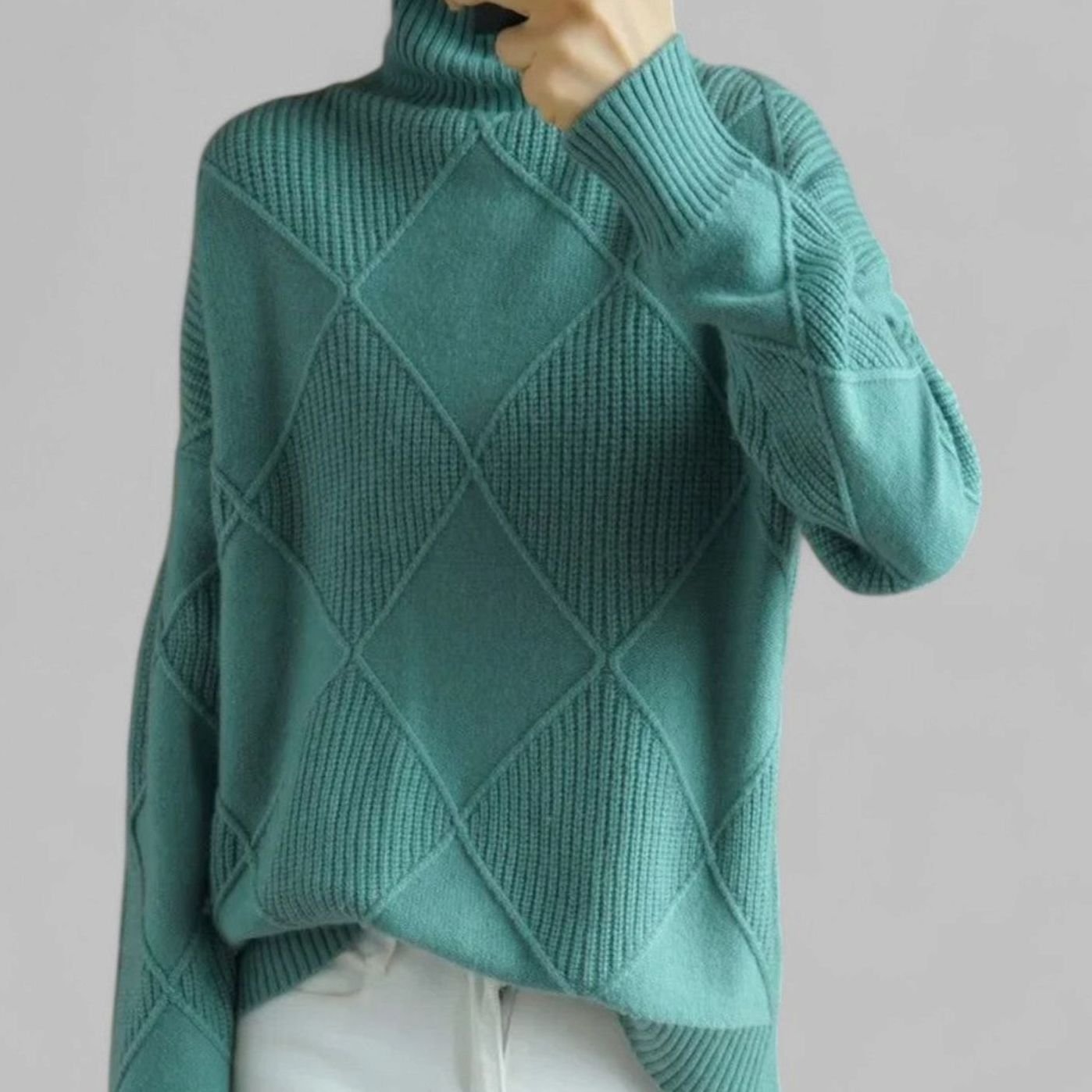 Astrid | Women’s Geometric Asymmetric-Seam High Turtleneck Knit Sweater