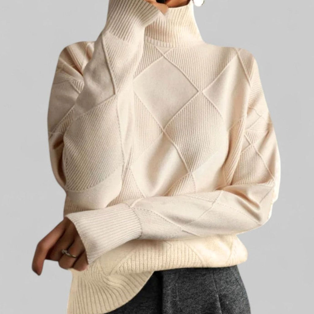 Astrid | Women’s Geometric Asymmetric-Seam High Turtleneck Knit Sweater
