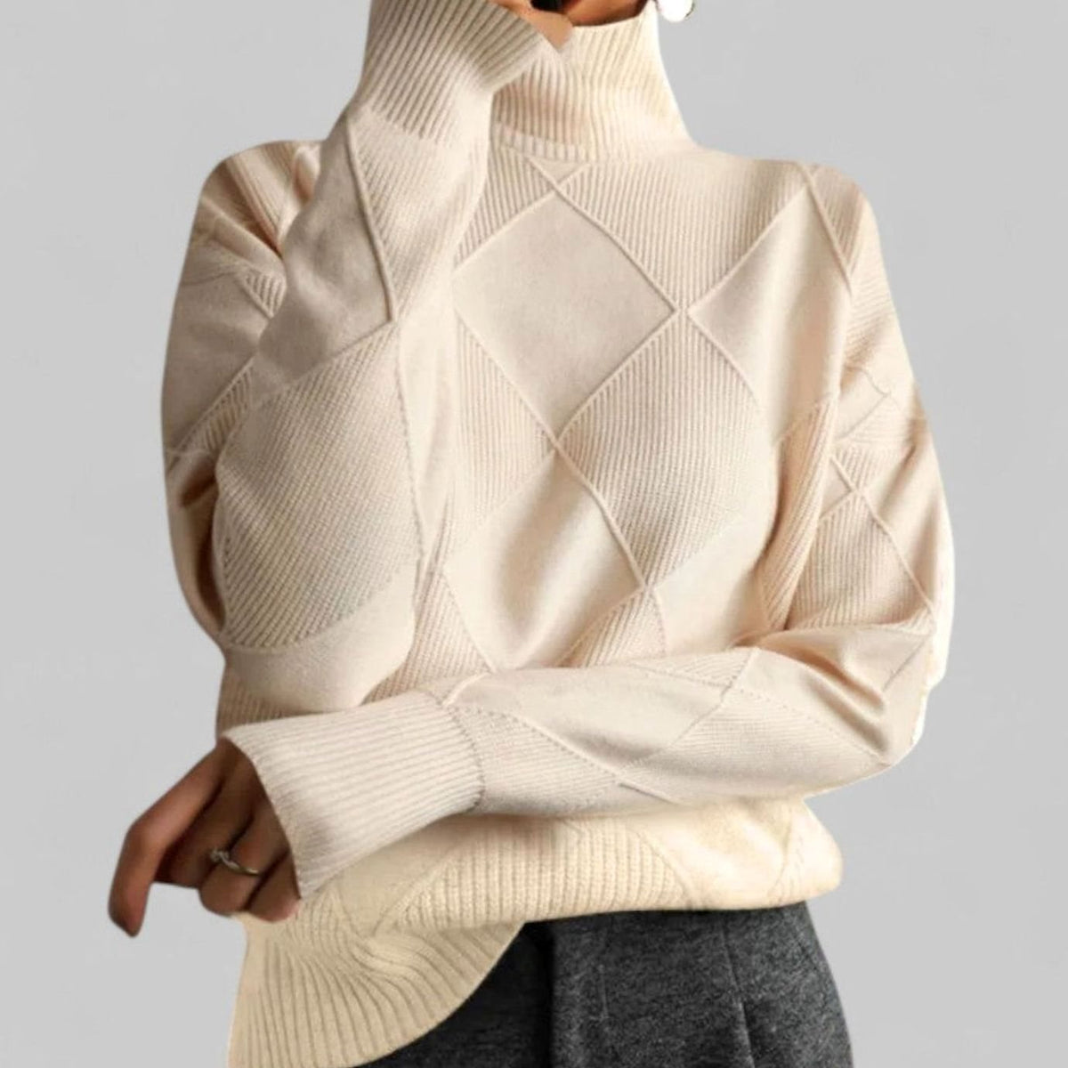 Astrid | Women’s Geometric Asymmetric-Seam High Turtleneck Knit Sweater