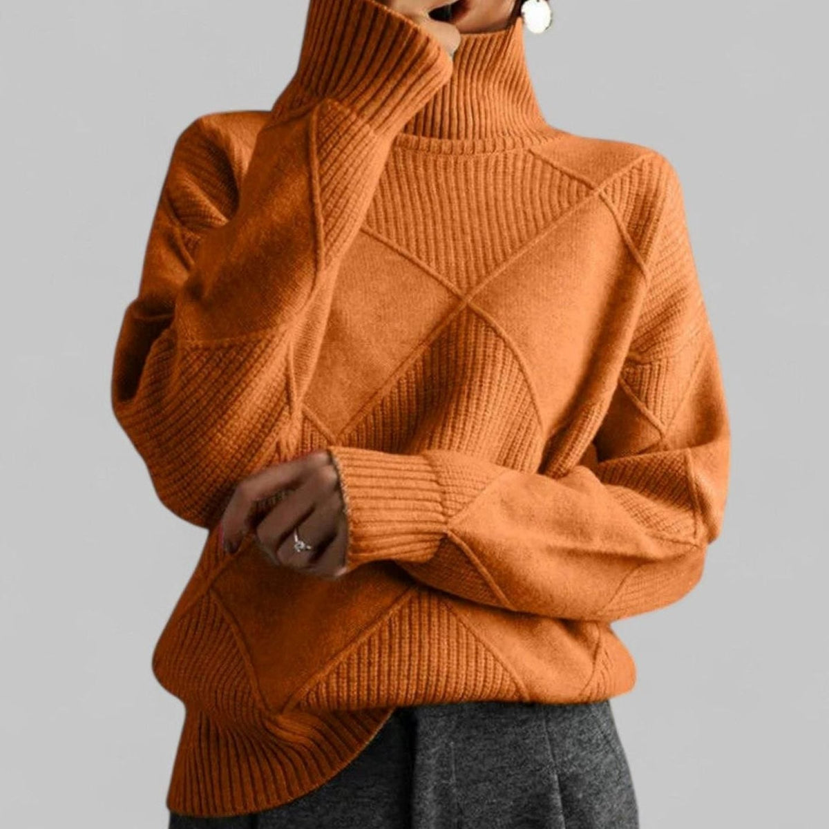 Astrid | Women’s Geometric Asymmetric-Seam High Turtleneck Knit Sweater
