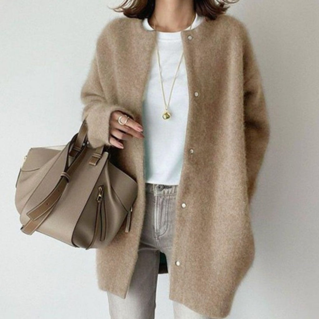 Clara | Women’s Collarless Fuzzy Knit Snap-Front Long Coatigan