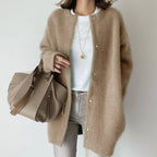 Clara | Women’s Collarless Fuzzy Knit Snap-Front Long Coatigan