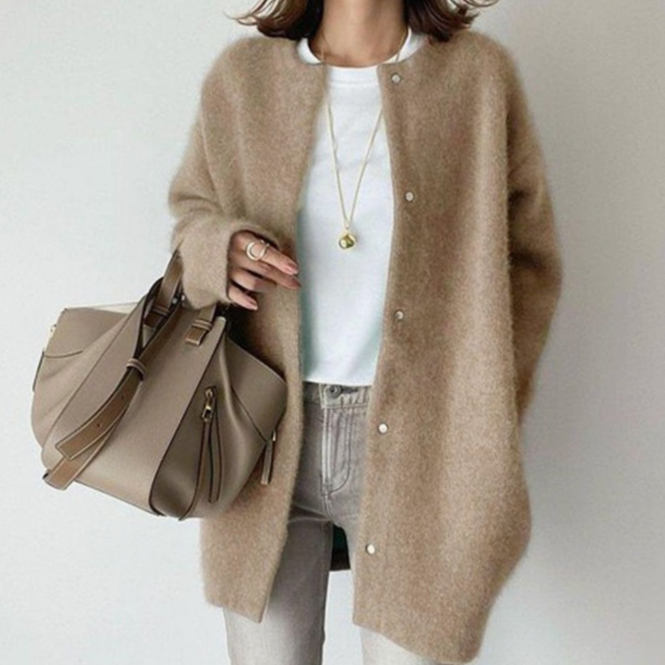 Clara | Women’s Collarless Fuzzy Knit Snap-Front Long Coatigan