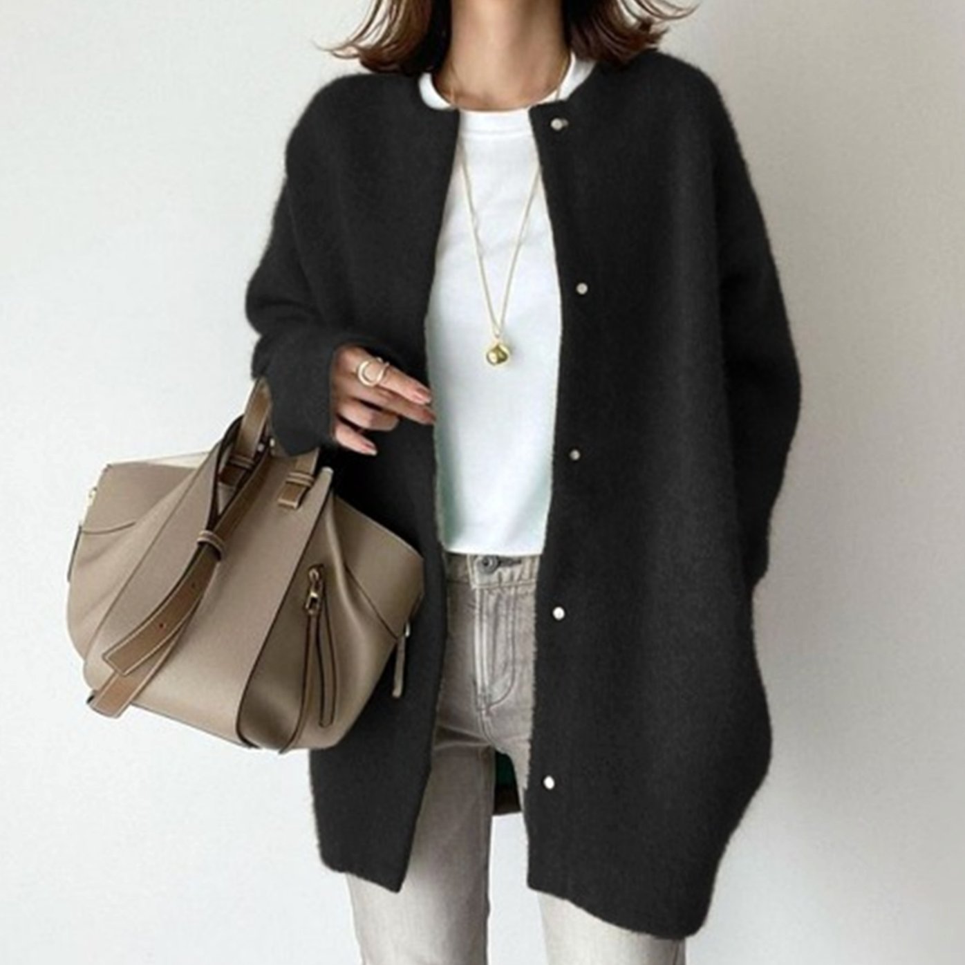 Clara | Women’s Collarless Fuzzy Knit Snap-Front Long Coatigan