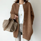 Clara | Women’s Collarless Fuzzy Knit Snap-Front Long Coatigan