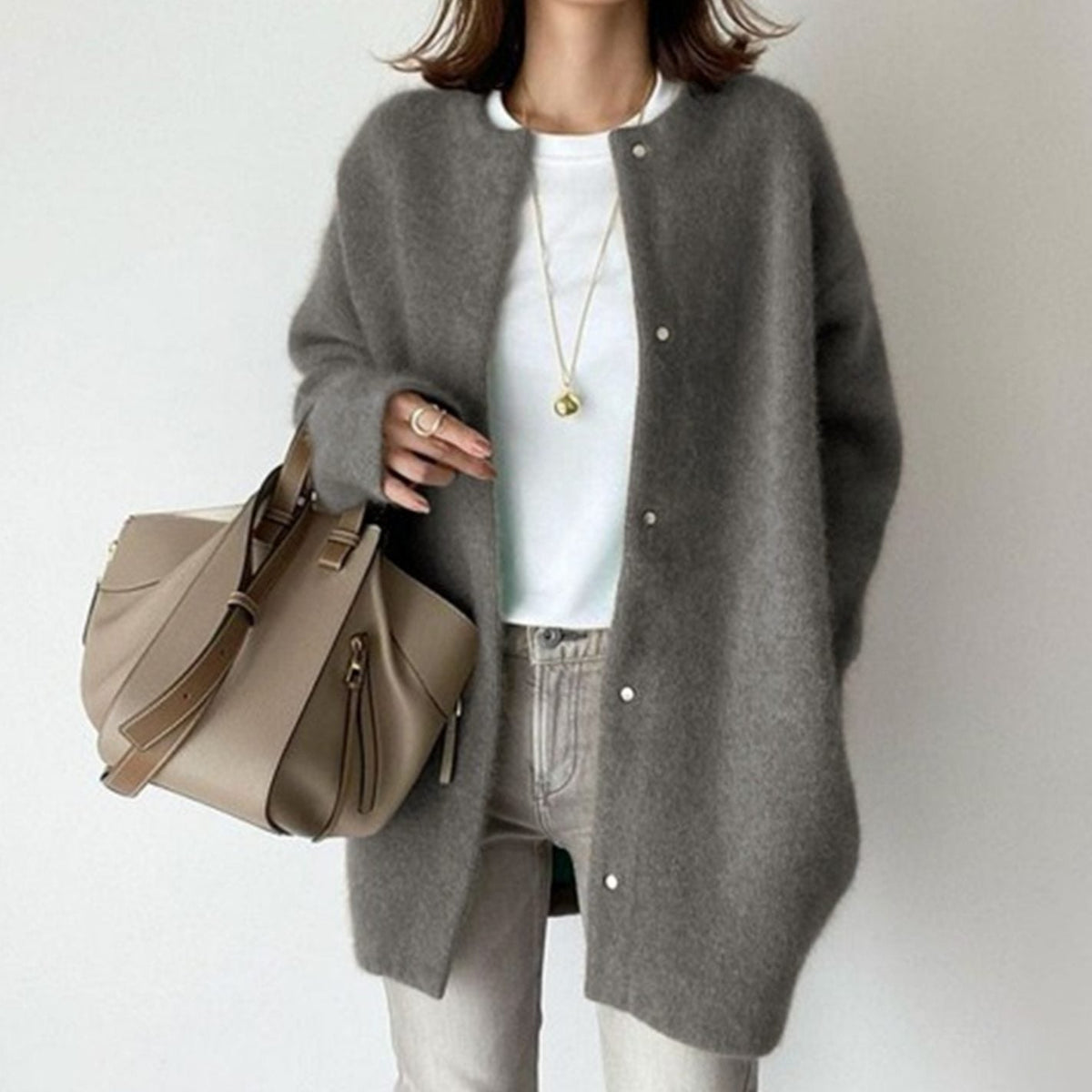 Clara | Women’s Collarless Fuzzy Knit Snap-Front Long Coatigan