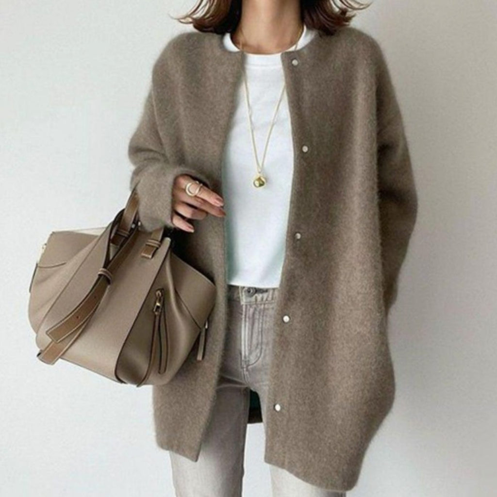 Clara | Women’s Collarless Fuzzy Knit Snap-Front Long Coatigan