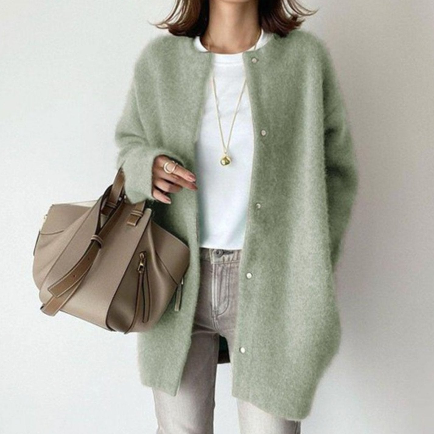 Clara | Women’s Collarless Fuzzy Knit Snap-Front Long Coatigan