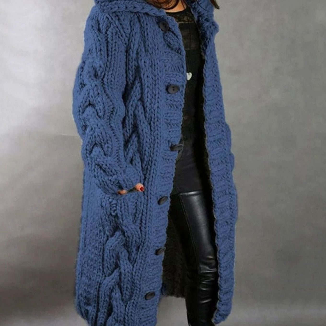 Freya | Women’s Chunky Cable-Knit Hooded Button Duster Cardigan