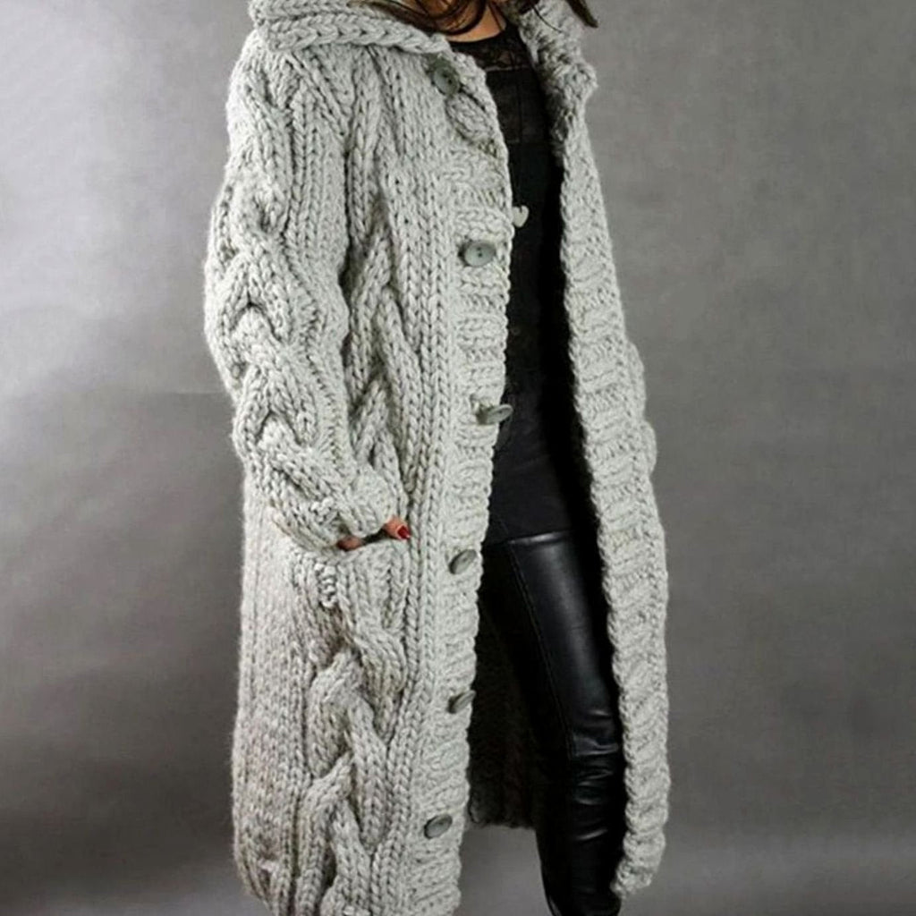 Freya | Women’s Chunky Cable-Knit Hooded Button Duster Cardigan
