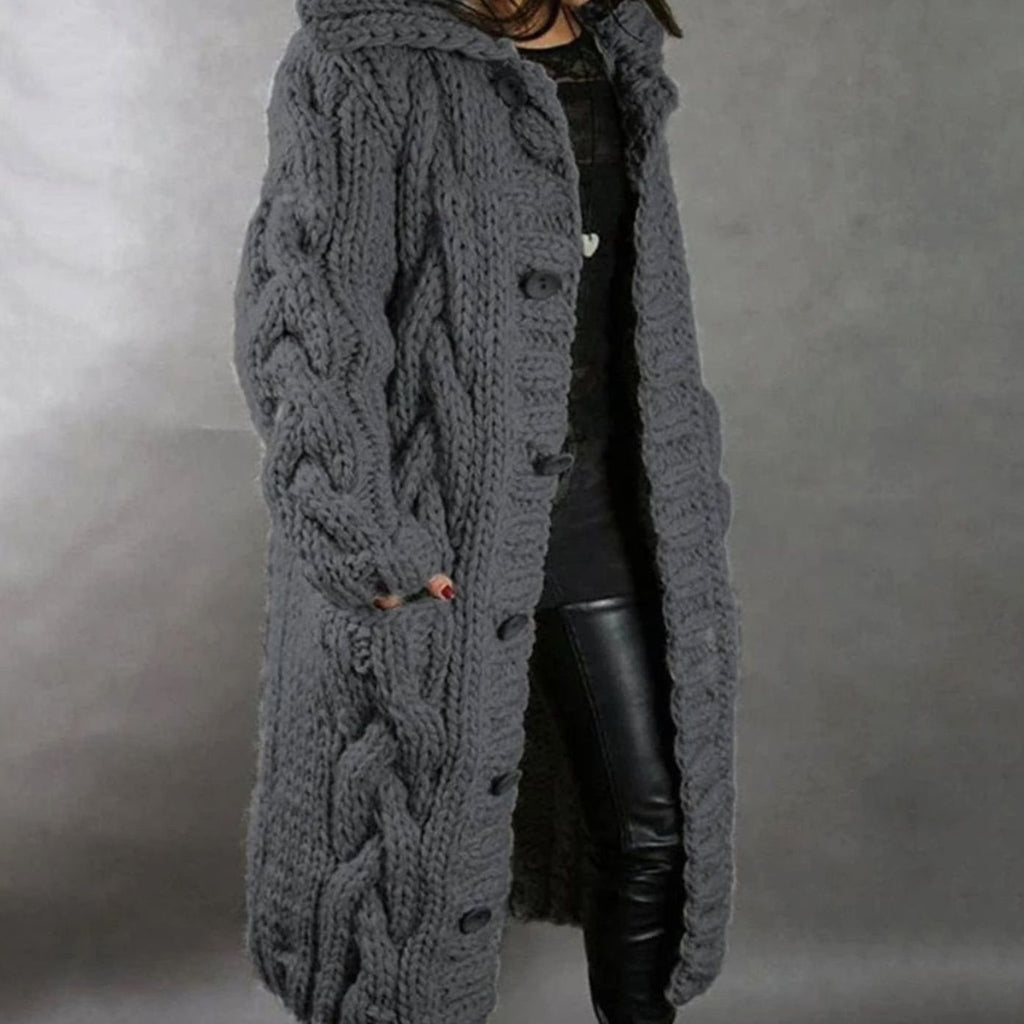 Freya | Women’s Chunky Cable-Knit Hooded Button Duster Cardigan