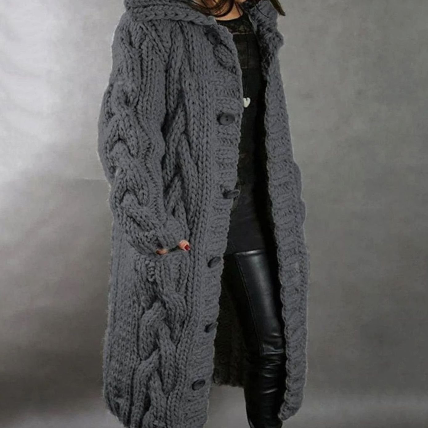 Freya | Women’s Chunky Cable-Knit Hooded Button Duster Cardigan