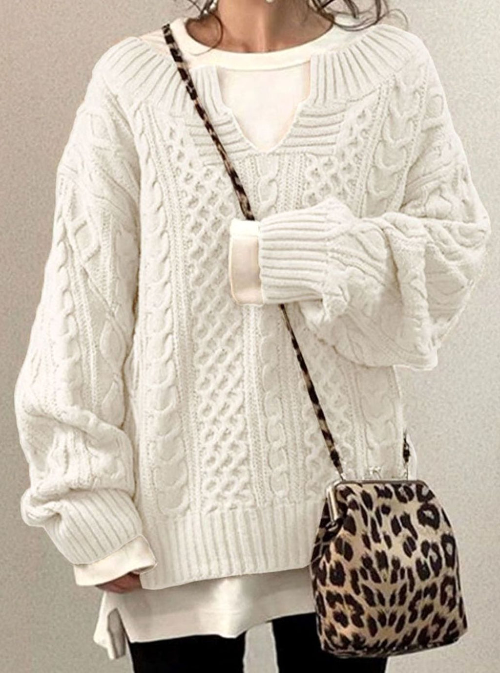 Clara | Women’s Cable-Knit Split-Neck Layered Oversized Sweater