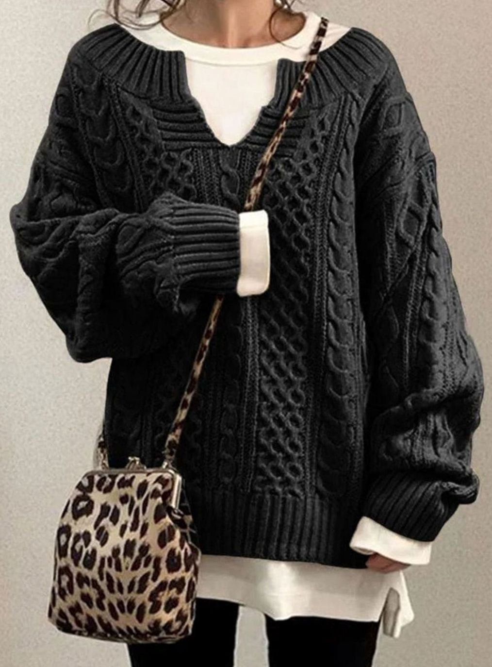 Clara | Women’s Cable-Knit Split-Neck Layered Oversized Sweater