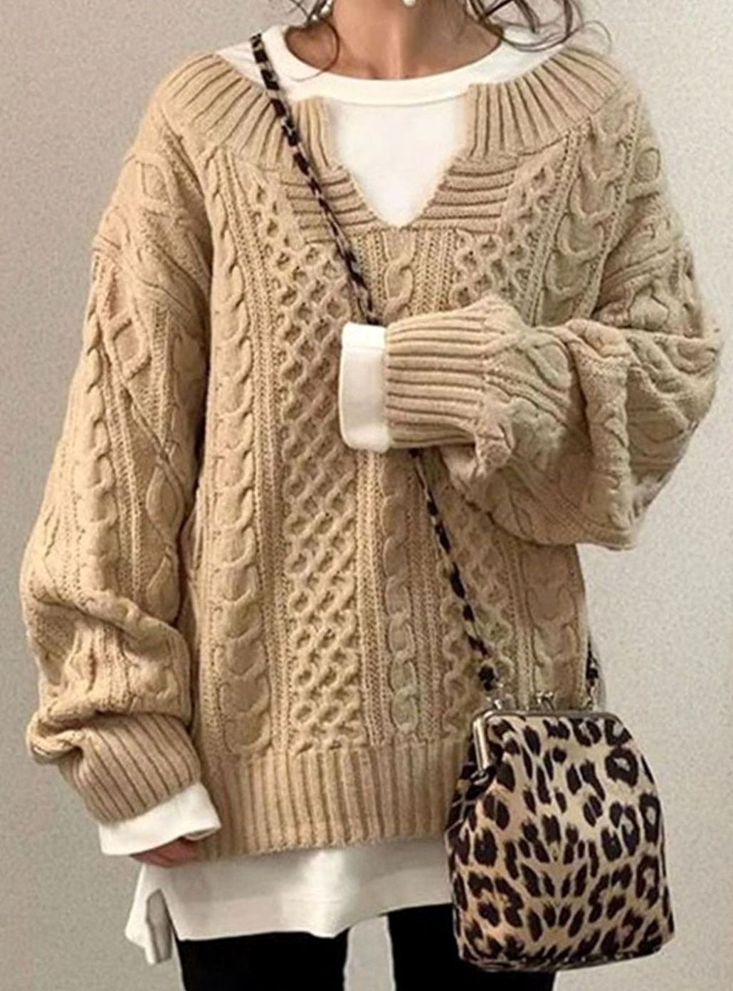 Clara | Women’s Cable-Knit Split-Neck Layered Oversized Sweater