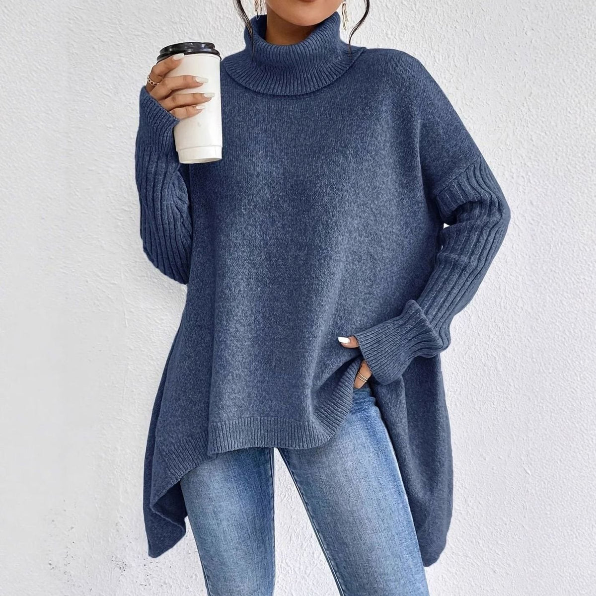 Elena | Women’s Turtleneck High-Low Ribbed-Sleeve Tunic Sweater