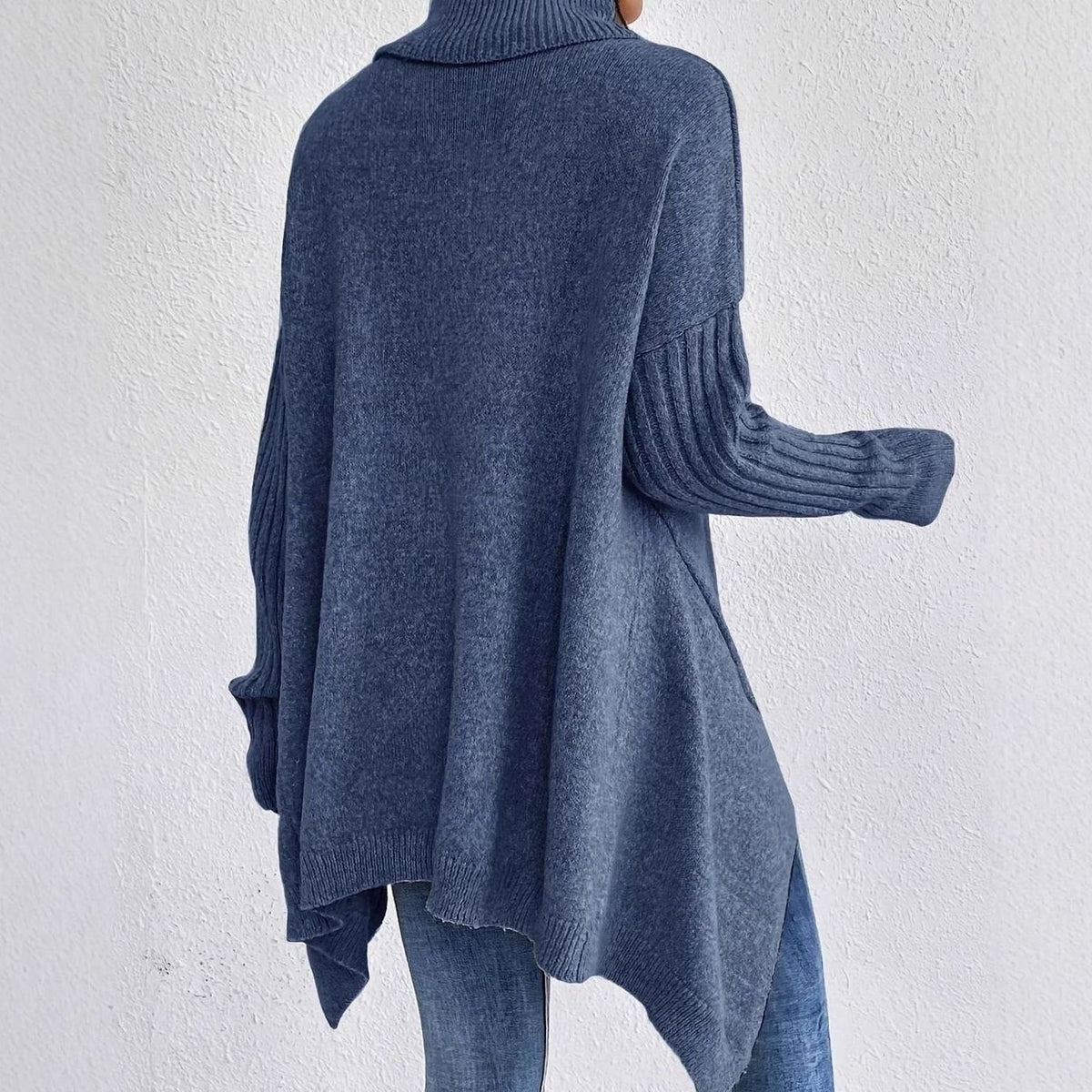 Elena | Women’s Turtleneck High-Low Ribbed-Sleeve Tunic Sweater