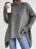 Elena | Women’s Turtleneck High-Low Ribbed-Sleeve Tunic Sweater