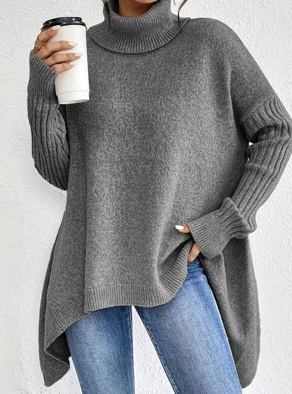 Elena | Women’s Turtleneck High-Low Ribbed-Sleeve Tunic Sweater