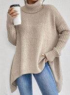 Elena | Women’s Turtleneck High-Low Ribbed-Sleeve Tunic Sweater