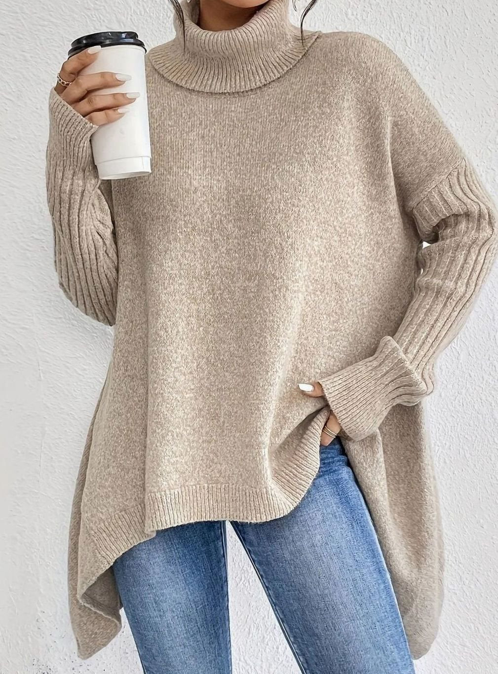 Elena | Women’s Turtleneck High-Low Ribbed-Sleeve Tunic Sweater