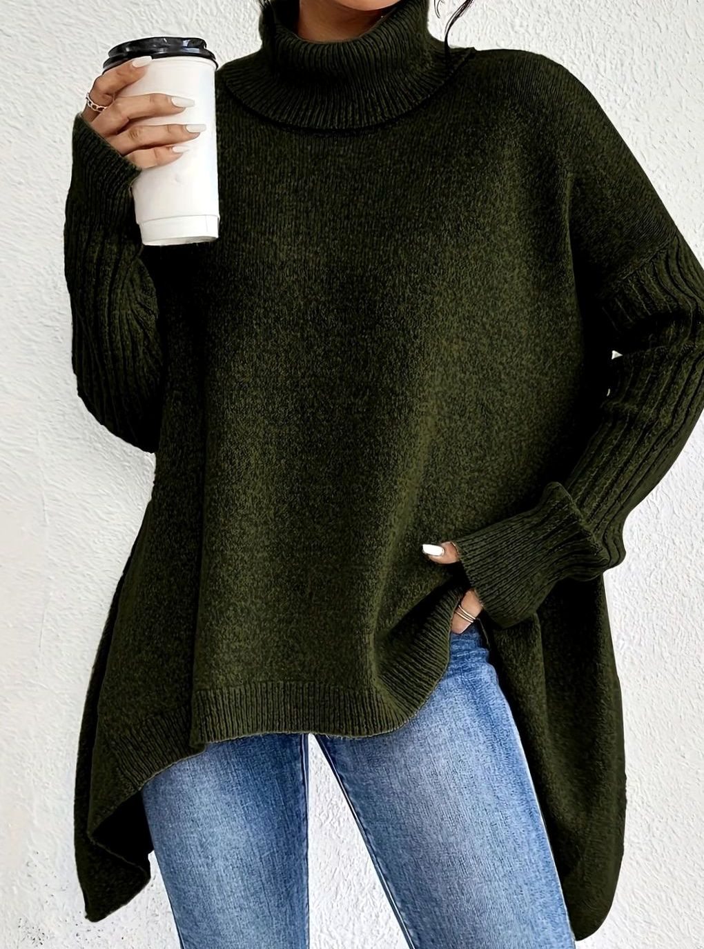 Elena | Women’s Turtleneck High-Low Ribbed-Sleeve Tunic Sweater