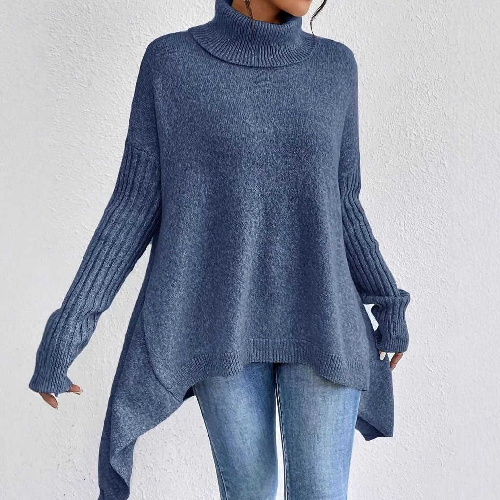 Elena | Women’s Turtleneck High-Low Ribbed-Sleeve Tunic Sweater